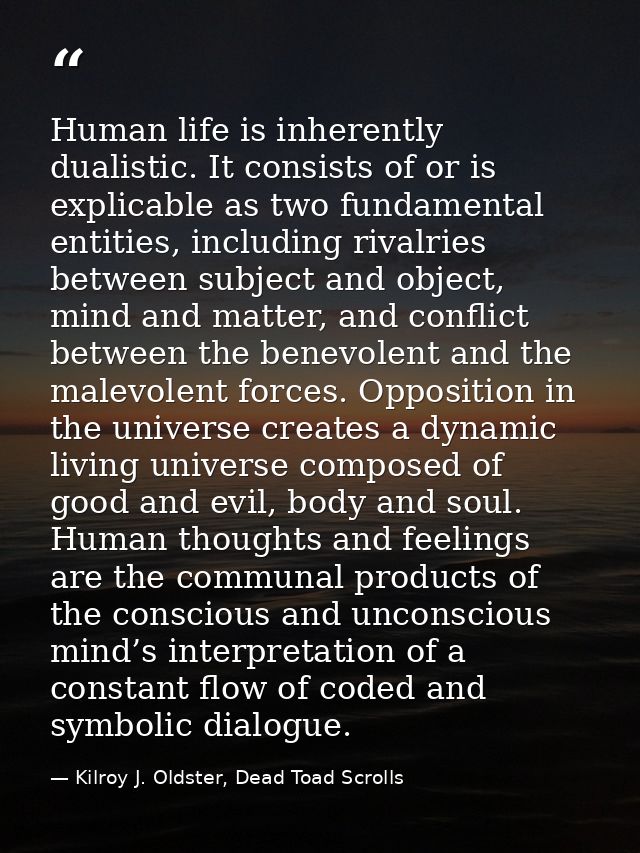 Human life is inherently dualistic. It consists of or is explicable as two fundamental entities, including rivalries bet — Kilroy J. Oldster, Dead Toad Scrolls