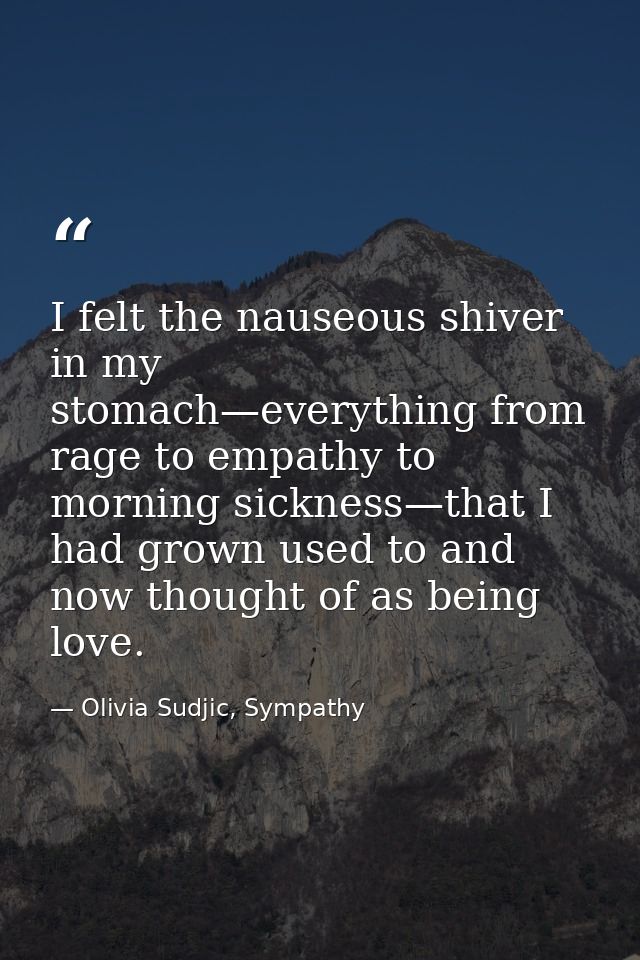 I felt the nauseous shiver in my stomach—everything from rage to empathy to morning sickness—that I had grown used to an — Olivia Sudjic, Sympathy
