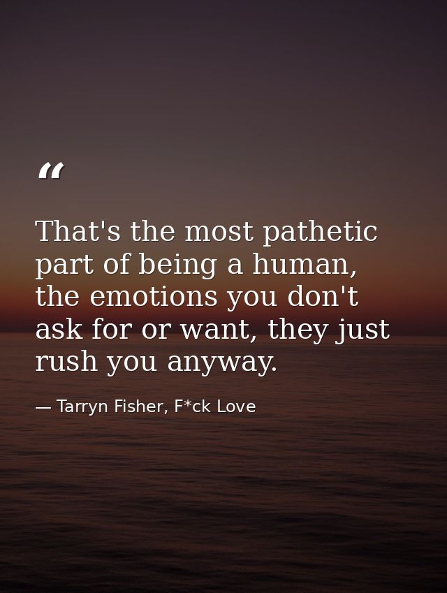 That's the most pathetic part of being a human, the emotions you don't ask for or want, they just rush you anyway. — Tarryn Fisher, F*ck Love