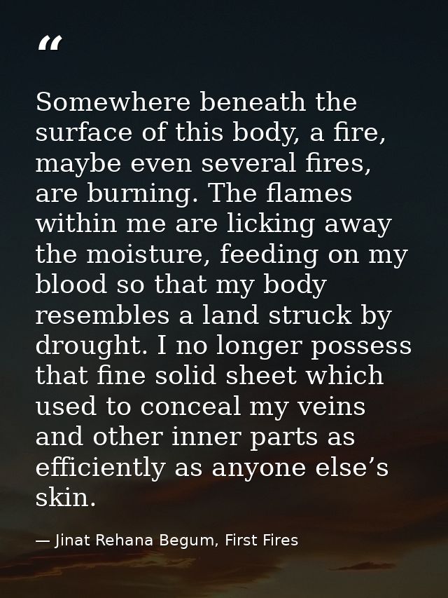 Somewhere beneath the surface of this body, a fire, maybe even several fires, are burning. The flames within me are lick — Jinat Rehana Begum, First Fires