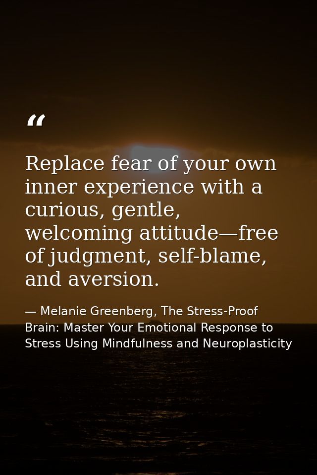 Replace fear of your own inner experience with a curious, gentle, welcoming attitude—free of judgment, self-blame, and a — Melanie Greenberg, The Stress-Proof Brain: Master Your Emotional Response to Stress Using Mindfulness and Neuroplasticity