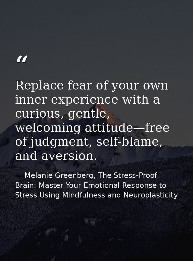 Replace fear of your own inner experience with a curious, gentle, welcoming attitude—free of judgment, self-blame, and a — Melanie Greenberg, The Stress-Proof Brain: Master Your Emotional Response to Stress Using Mindfulness and Neuroplasticity