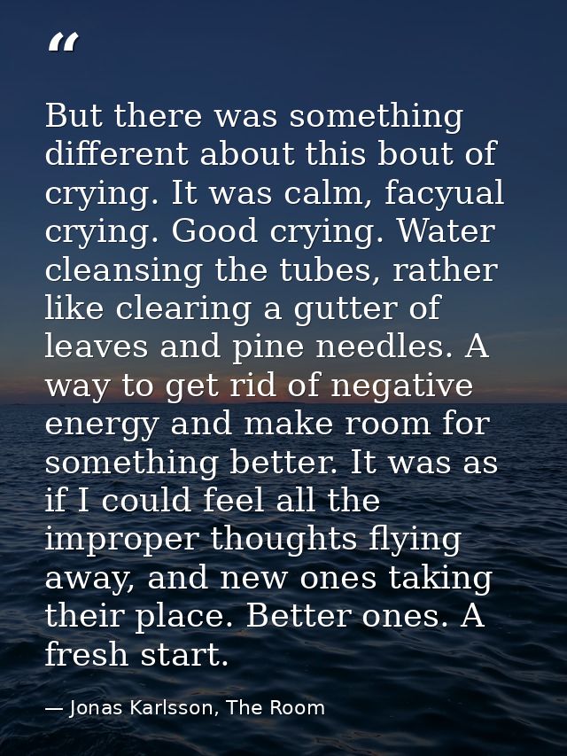 But there was something different about this bout of crying. It was calm, facyual crying. Good crying. Water cleansing t — Jonas Karlsson, The Room
