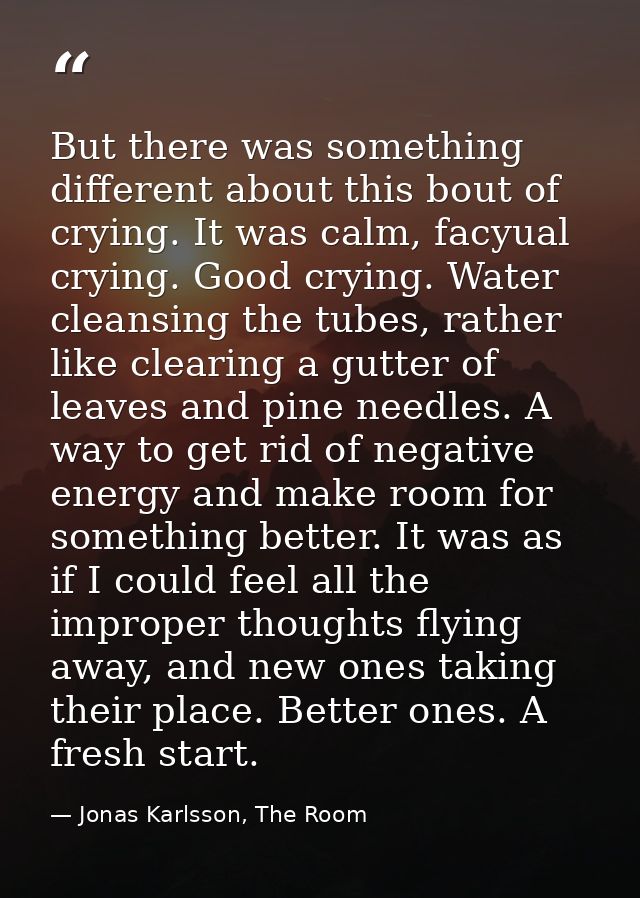 But there was something different about this bout of crying. It was calm, facyual crying. Good crying. Water cleansing t — Jonas Karlsson, The Room