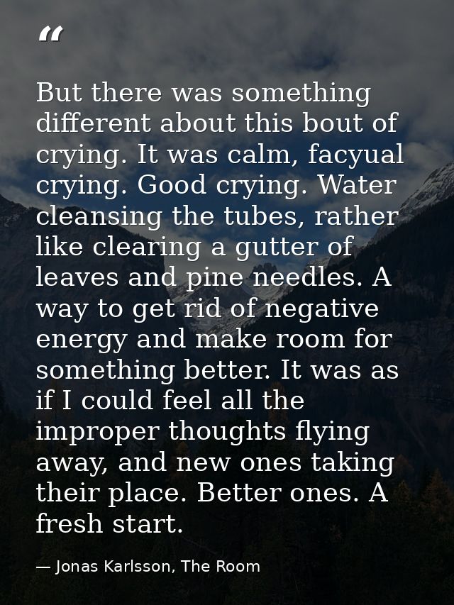 But there was something different about this bout of crying. It was calm, facyual crying. Good crying. Water cleansing t — Jonas Karlsson, The Room