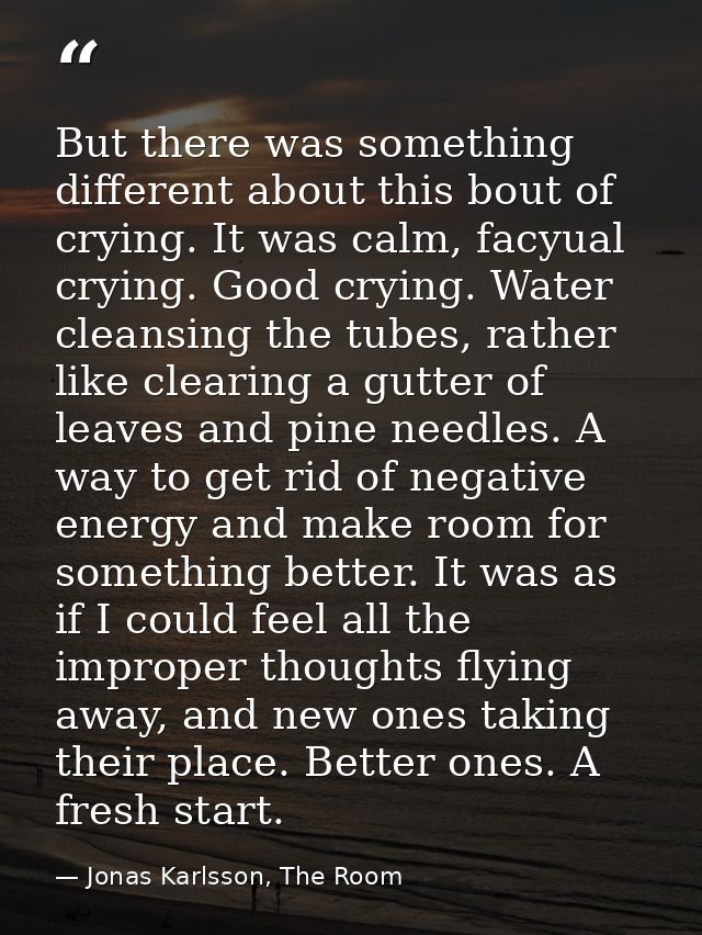But there was something different about this bout of crying. It was calm, facyual crying. Good crying. Water cleansing t — Jonas Karlsson, The Room