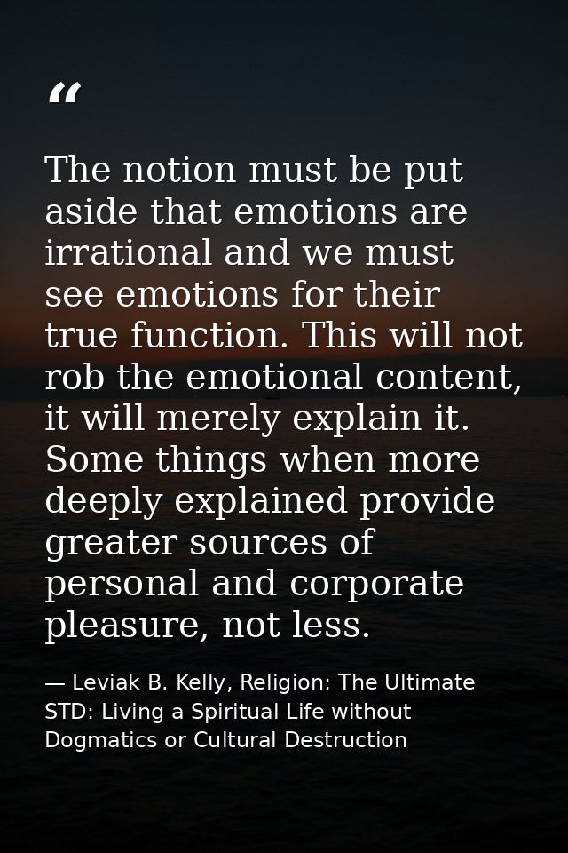 The notion must be put aside that emotions are irrational and we must see emotions for their true function. This will no — Leviak B. Kelly, Religion: The Ultimate STD: Living a Spiritual Life without Dogmatics or Cultural Destruction