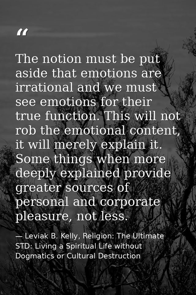 The notion must be put aside that emotions are irrational and we must see emotions for their true function. This will no — Leviak B. Kelly, Religion: The Ultimate STD: Living a Spiritual Life without Dogmatics or Cultural Destruction