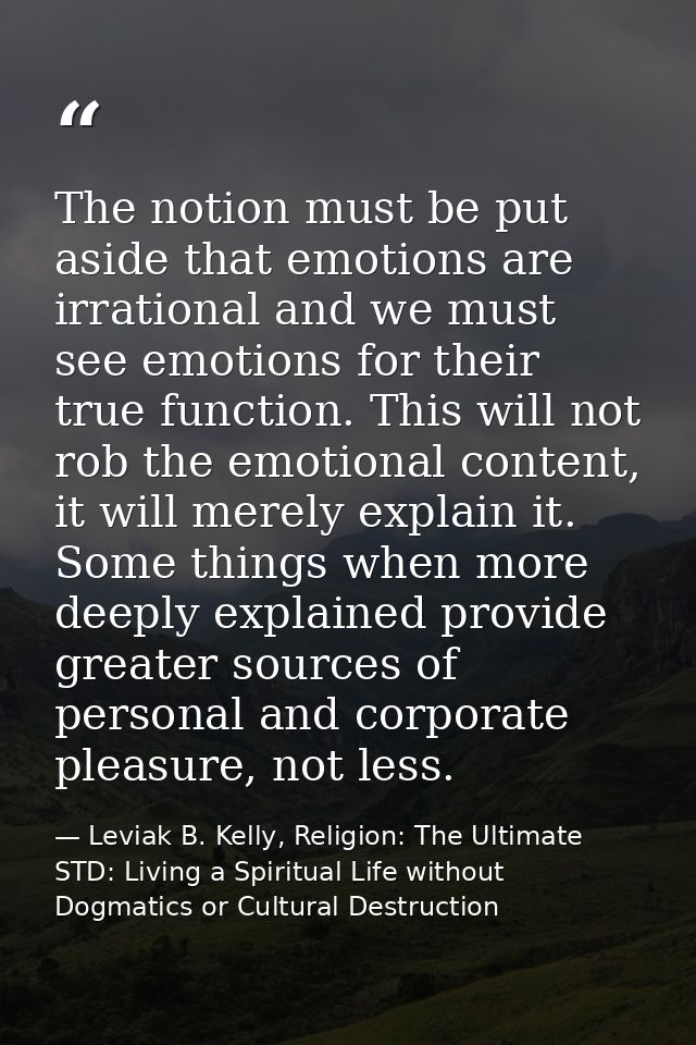 The notion must be put aside that emotions are irrational and we must see emotions for their true function. This will no — Leviak B. Kelly, Religion: The Ultimate STD: Living a Spiritual Life without Dogmatics or Cultural Destruction