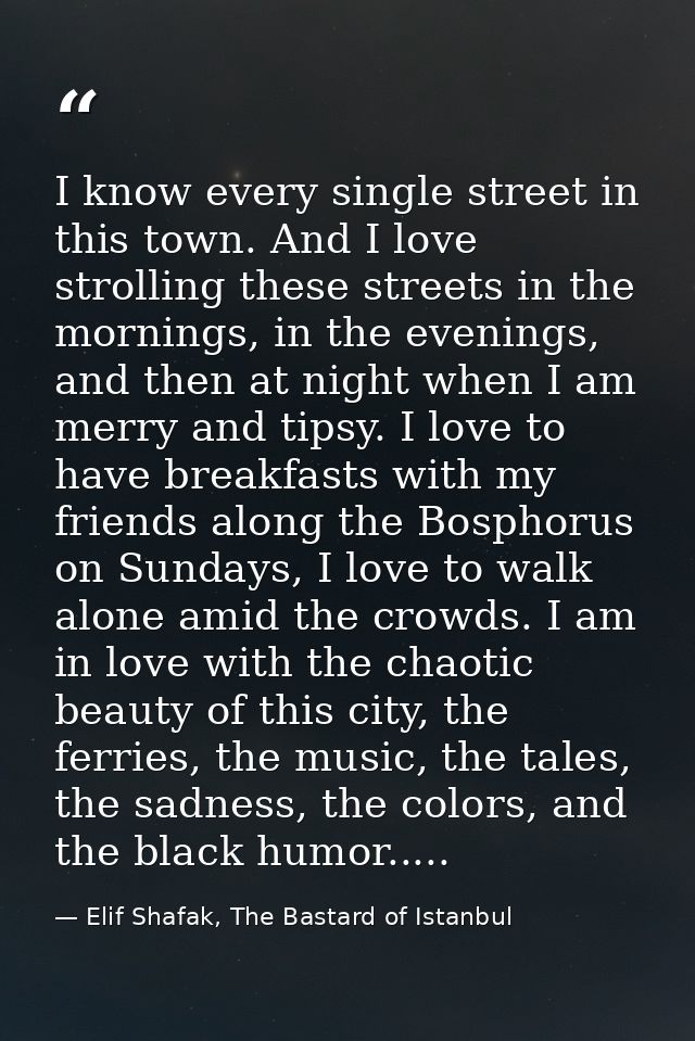 I know every single street in this town. And I love strolling these streets in the mornings, in the evenings, and then a — Elif Shafak, The Bastard of Istanbul