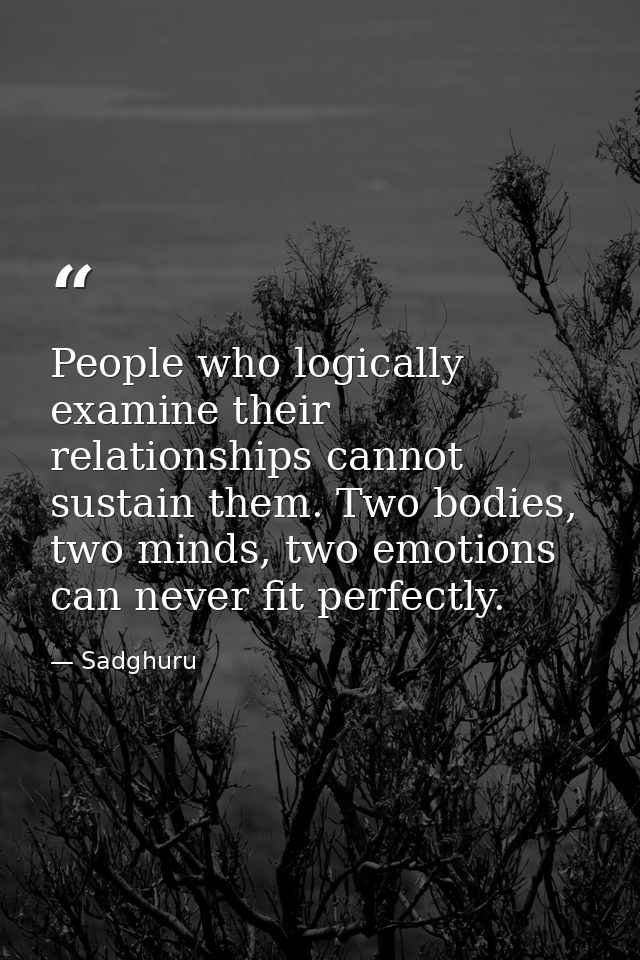 People who logically examine their relationships cannot sustain them. Two bodies, two minds, two emotions can never fit  — Sadghuru