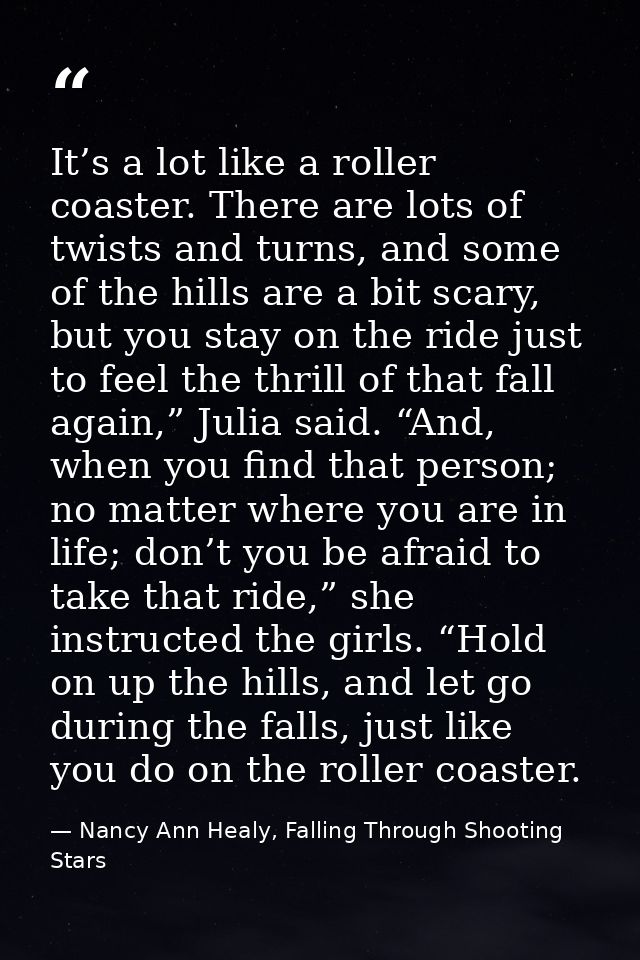 It’s a lot like a roller coaster. There are lots of twists and turns, and some of the hills are a bit scary, but you sta — Nancy Ann Healy, Falling Through Shooting Stars