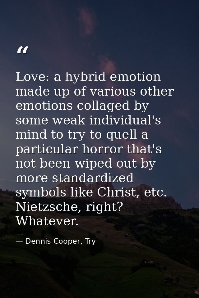 Love: a hybrid emotion made up of various other emotions collaged by some weak individual's mind to try to quell a parti — Dennis Cooper, Try