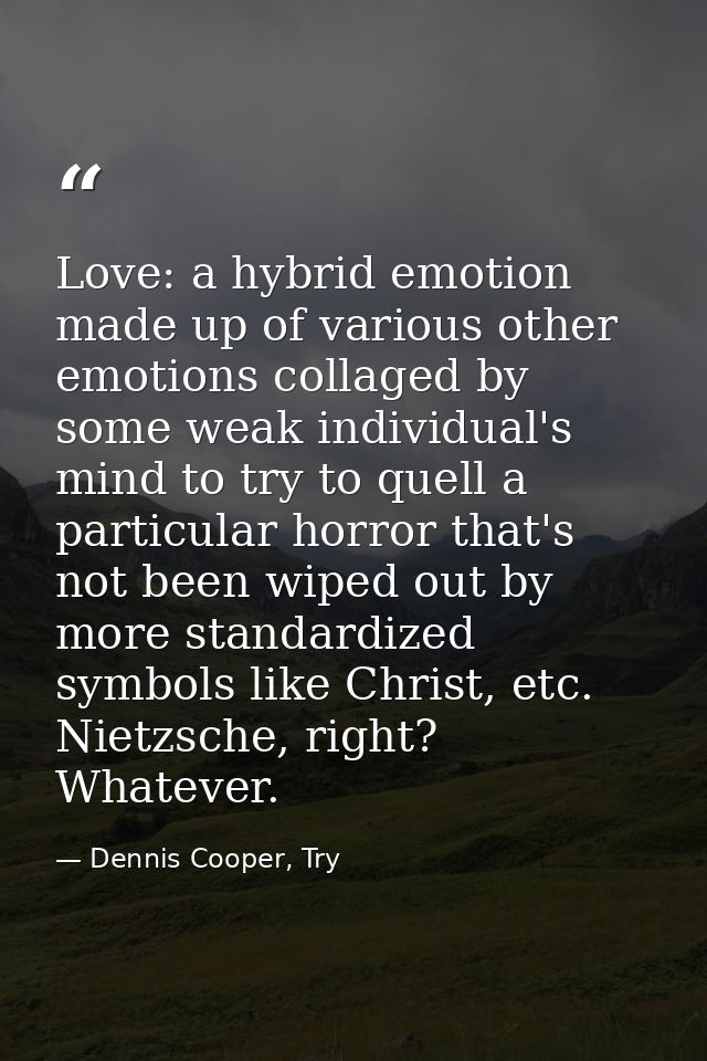 Love: a hybrid emotion made up of various other emotions collaged by some weak individual's mind to try to quell a parti — Dennis Cooper, Try