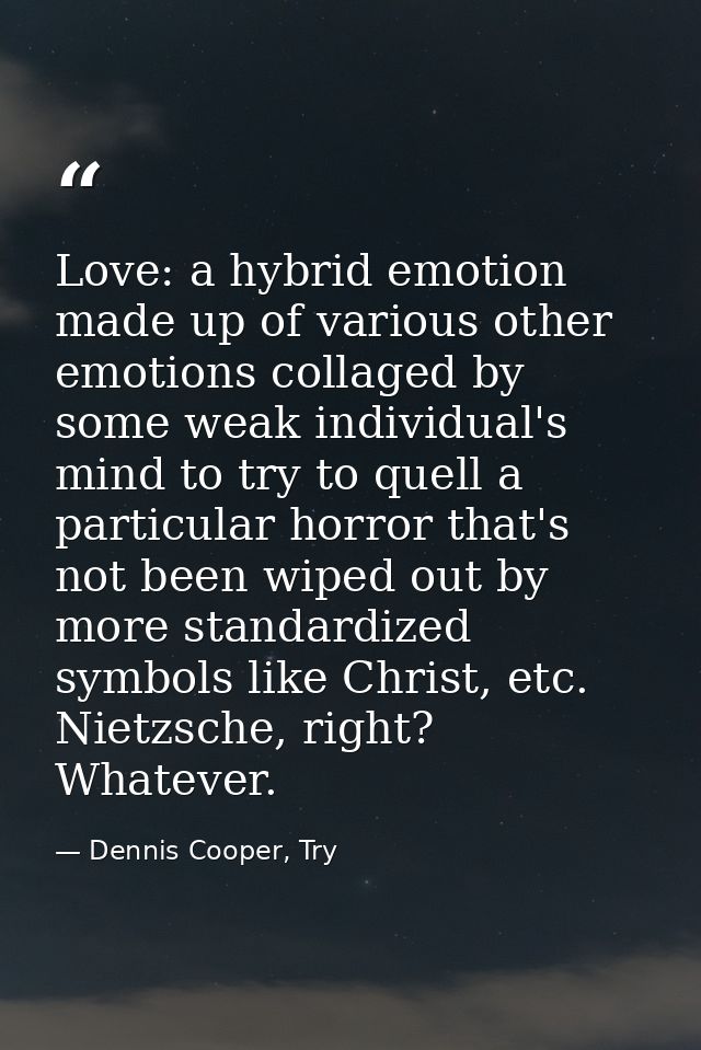 Love: a hybrid emotion made up of various other emotions collaged by some weak individual's mind to try to quell a parti — Dennis Cooper, Try
