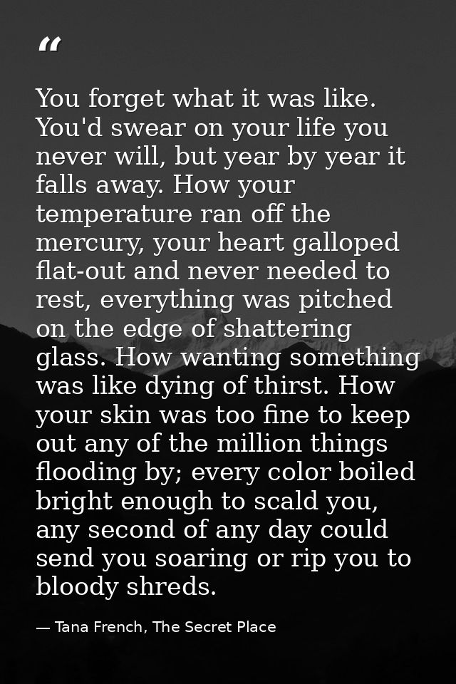 You forget what it was like. You'd swear on your life you never will, but year by year it falls away. How your temperatu — Tana French, The Secret Place