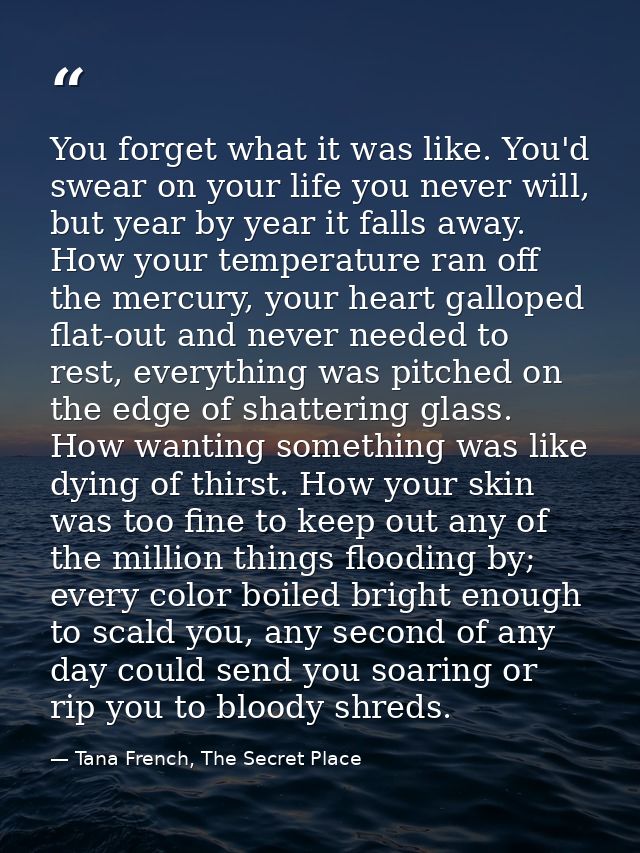 You forget what it was like. You'd swear on your life you never will, but year by year it falls away. How your temperatu — Tana French, The Secret Place