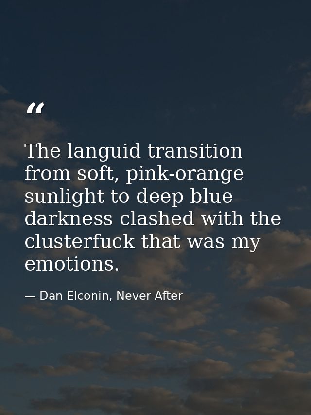 The languid transition from soft, pink-orange sunlight to deep blue darkness clashed with the clusterfuck that was my em — Dan Elconin, Never After
