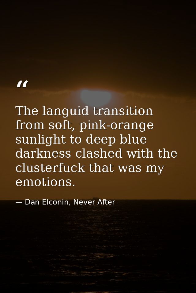 The languid transition from soft, pink-orange sunlight to deep blue darkness clashed with the clusterfuck that was my em — Dan Elconin, Never After