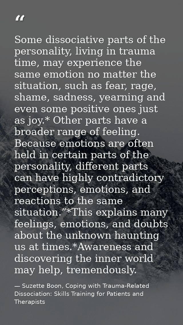 Some dissociative parts of the personality, living in trauma time, may experience the same emotion no matter the situati — Suzette Boon, Coping with Trauma-Related Dissociation: Skills Training for Patients and Therapists
