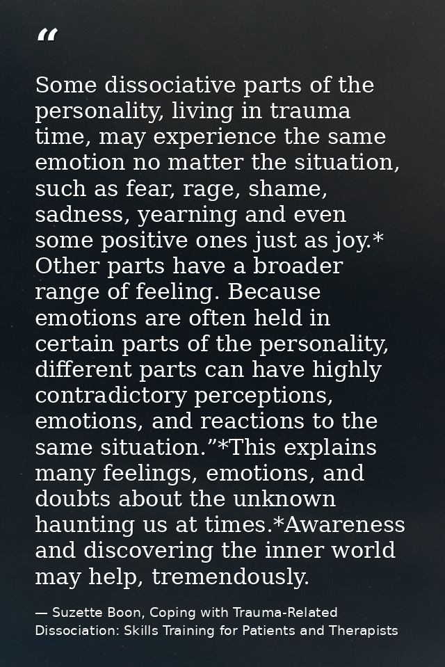 Some dissociative parts of the personality, living in trauma time, may experience the same emotion no matter the situati — Suzette Boon, Coping with Trauma-Related Dissociation: Skills Training for Patients and Therapists