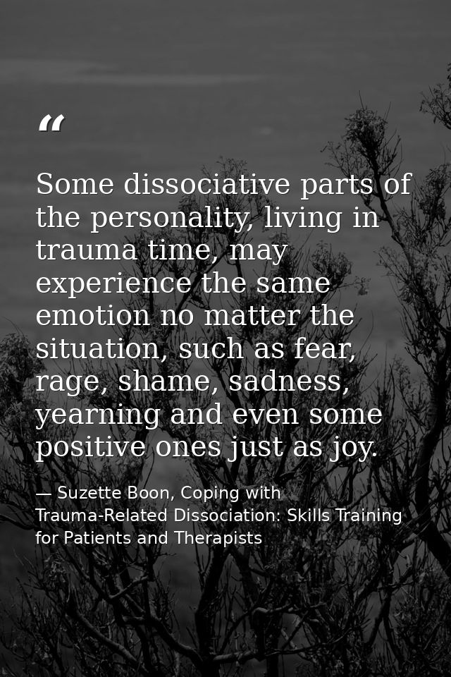 Some dissociative parts of the personality, living in trauma time, may experience the same emotion no matter the situati — Suzette Boon, Coping with Trauma-Related Dissociation: Skills Training for Patients and Therapists