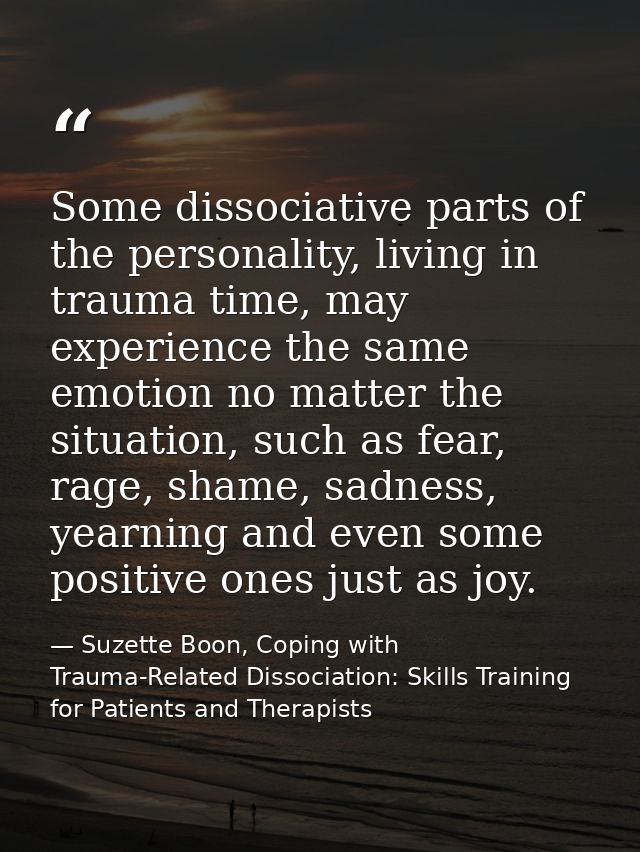 Some dissociative parts of the personality, living in trauma time, may experience the same emotion no matter the situati — Suzette Boon, Coping with Trauma-Related Dissociation: Skills Training for Patients and Therapists