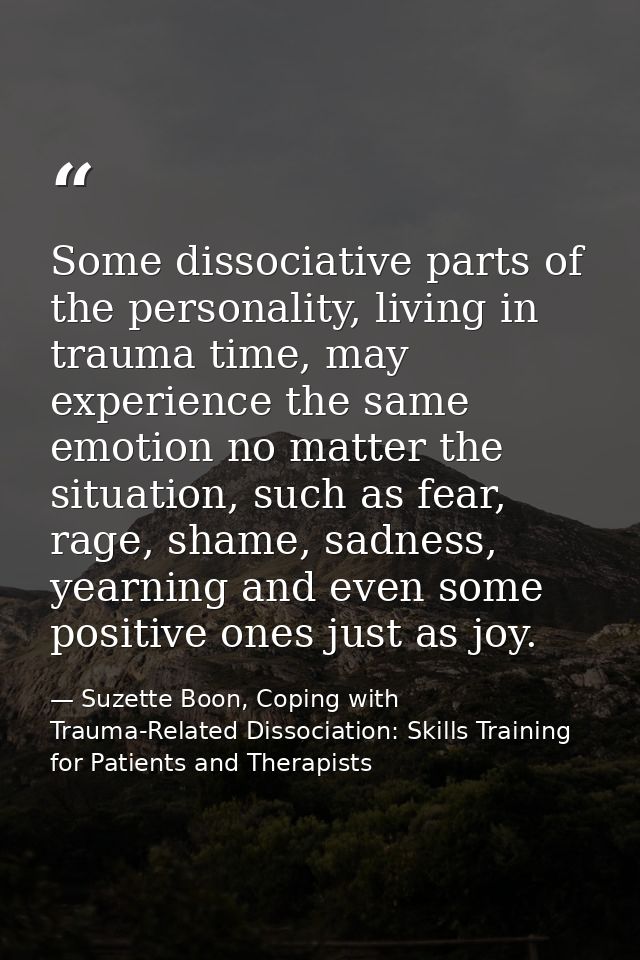 Some dissociative parts of the personality, living in trauma time, may experience the same emotion no matter the situati — Suzette Boon, Coping with Trauma-Related Dissociation: Skills Training for Patients and Therapists