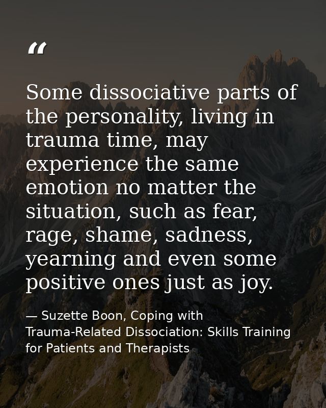 Some dissociative parts of the personality, living in trauma time, may experience the same emotion no matter the situati — Suzette Boon, Coping with Trauma-Related Dissociation: Skills Training for Patients and Therapists