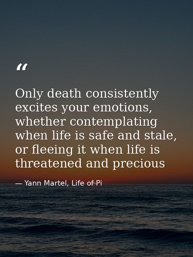 Only death consistently excites your emotions, whether contemplating when life is safe and stale, or fleeing it when lif — Yann Martel, Life of Pi