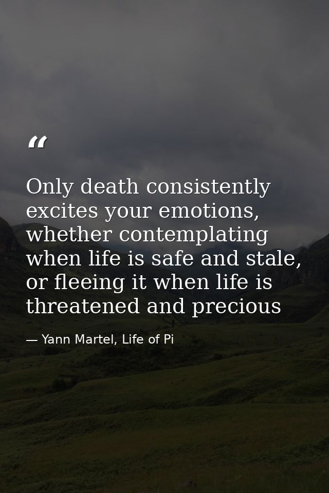 Only death consistently excites your emotions, whether contemplating when life is safe and stale, or fleeing it when lif — Yann Martel, Life of Pi