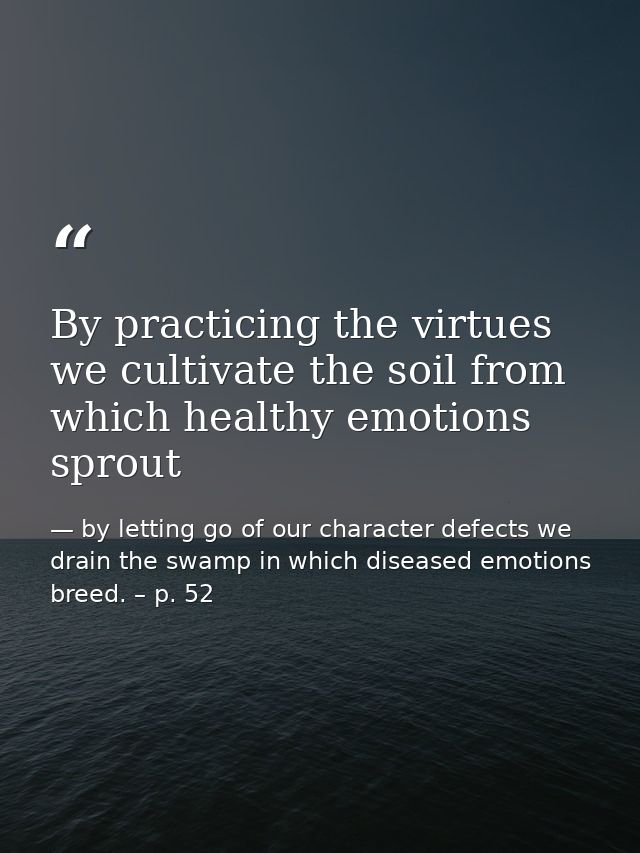 By practicing the virtues we cultivate the soil from which healthy emotions sprout — by letting go of our character defects we drain the swamp in which diseased emotions breed. – p. 52