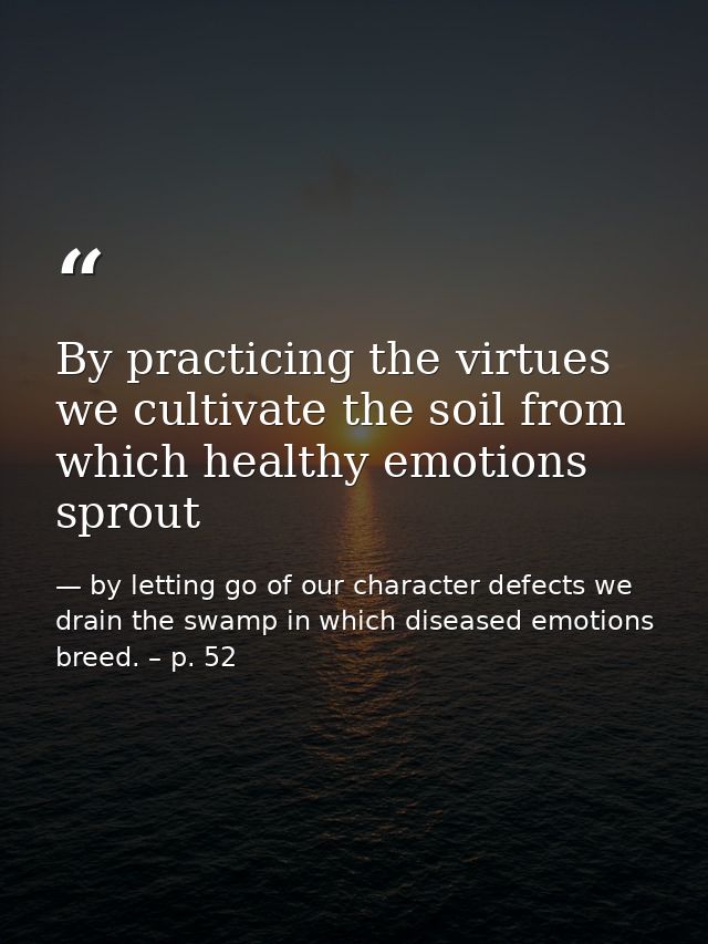 By practicing the virtues we cultivate the soil from which healthy emotions sprout — by letting go of our character defects we drain the swamp in which diseased emotions breed. – p. 52