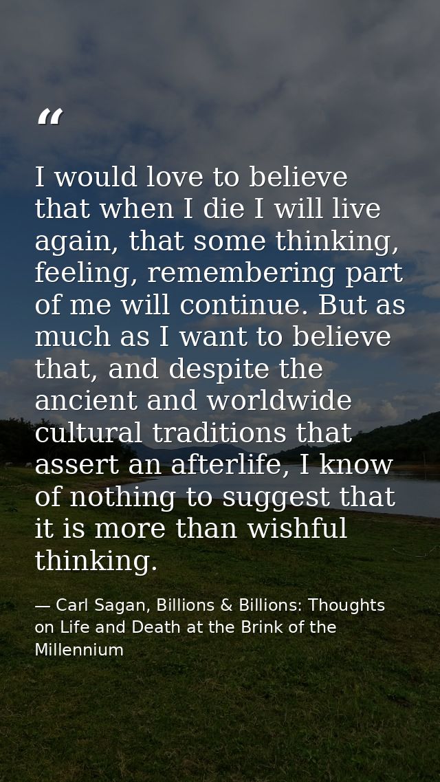 I would love to believe that when I die I will live again, that some thinking, feeling, remembering part of me will cont — Carl Sagan, Billions & Billions: Thoughts on Life and Death at the Brink of the Millennium