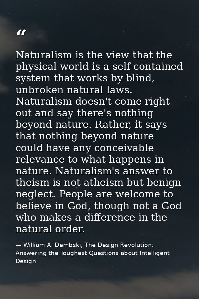Naturalism is the view that the physical world is a self-contained system that works by blind, unbroken natural laws. Na — William A. Dembski, The Design Revolution: Answering the Toughest Questions about Intelligent Design