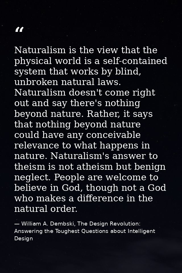 Naturalism is the view that the physical world is a self-contained system that works by blind, unbroken natural laws. Na — William A. Dembski, The Design Revolution: Answering the Toughest Questions about Intelligent Design