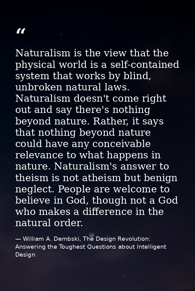 Naturalism is the view that the physical world is a self-contained system that works by blind, unbroken natural laws. Na — William A. Dembski, The Design Revolution: Answering the Toughest Questions about Intelligent Design