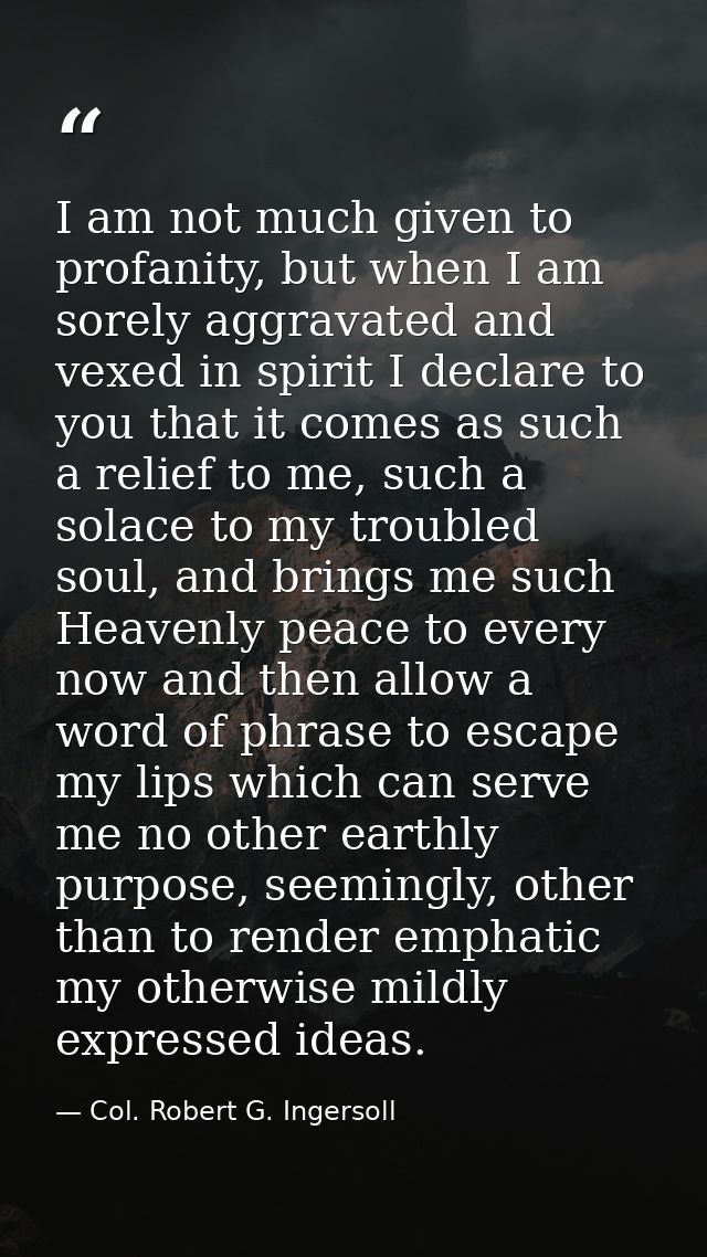 I am not much given to profanity, but when I am sorely aggravated and vexed in spirit I declare to you that it comes as  — Col. Robert G. Ingersoll