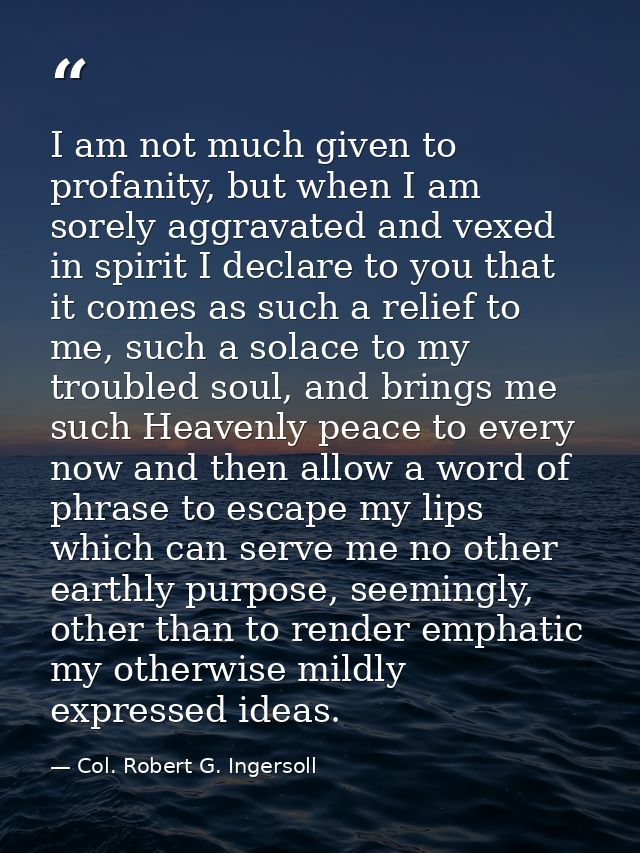 I am not much given to profanity, but when I am sorely aggravated and vexed in spirit I declare to you that it comes as  — Col. Robert G. Ingersoll
