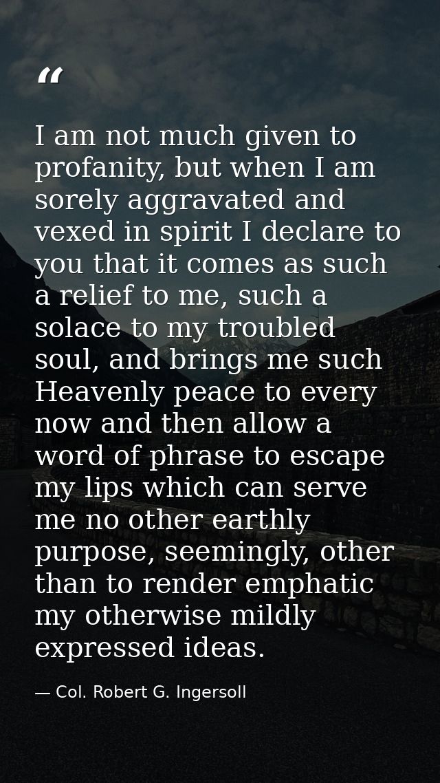 I am not much given to profanity, but when I am sorely aggravated and vexed in spirit I declare to you that it comes as  — Col. Robert G. Ingersoll