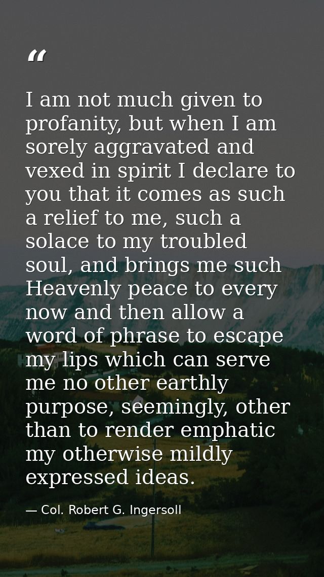 I am not much given to profanity, but when I am sorely aggravated and vexed in spirit I declare to you that it comes as  — Col. Robert G. Ingersoll