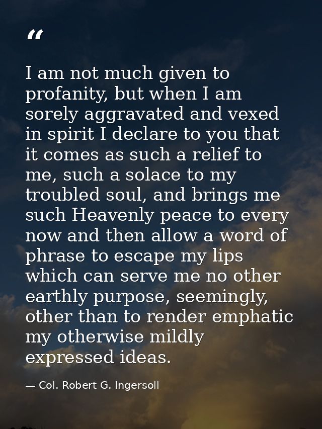 I am not much given to profanity, but when I am sorely aggravated and vexed in spirit I declare to you that it comes as  — Col. Robert G. Ingersoll