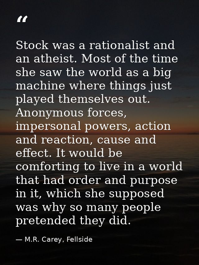 Stock was a rationalist and an atheist. Most of the time she saw the world as a big machine where things just played the — M.R. Carey, Fellside