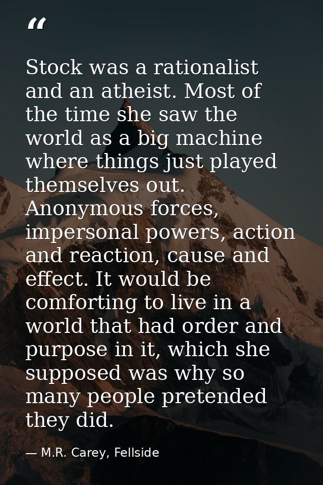 Stock was a rationalist and an atheist. Most of the time she saw the world as a big machine where things just played the — M.R. Carey, Fellside
