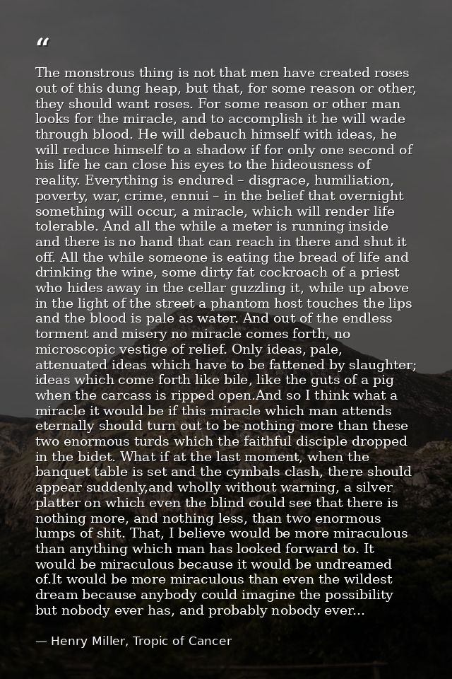 The monstrous thing is not that men have created roses out of this dung heap, but that, for some reason or other, they s — Henry Miller, Tropic of Cancer