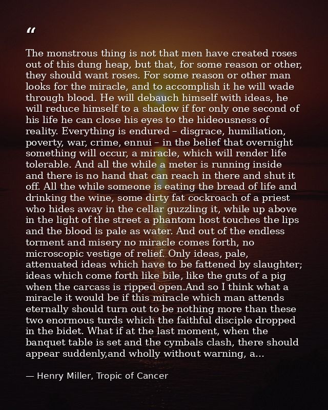 The monstrous thing is not that men have created roses out of this dung heap, but that, for some reason or other, they s — Henry Miller, Tropic of Cancer