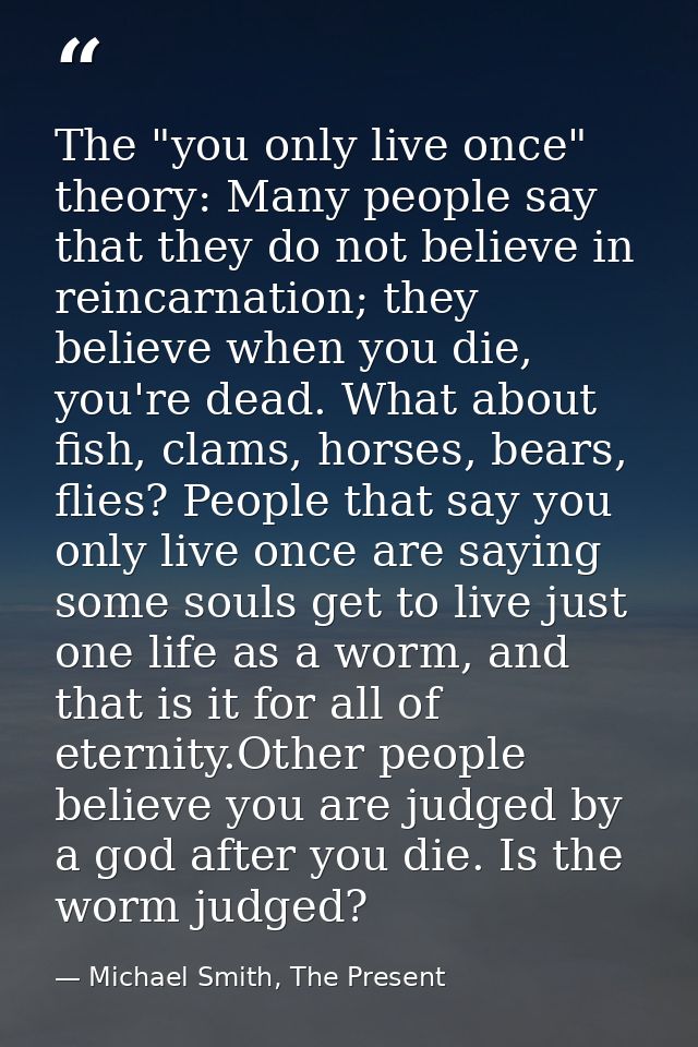 The "you only live once" theory: Many people say that they do not believe in reincarnation; they believe when you die, y — Michael Smith, The Present