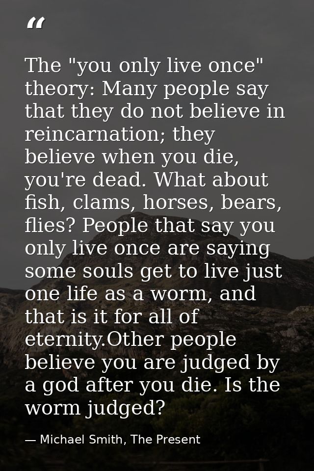 The "you only live once" theory: Many people say that they do not believe in reincarnation; they believe when you die, y — Michael Smith, The Present