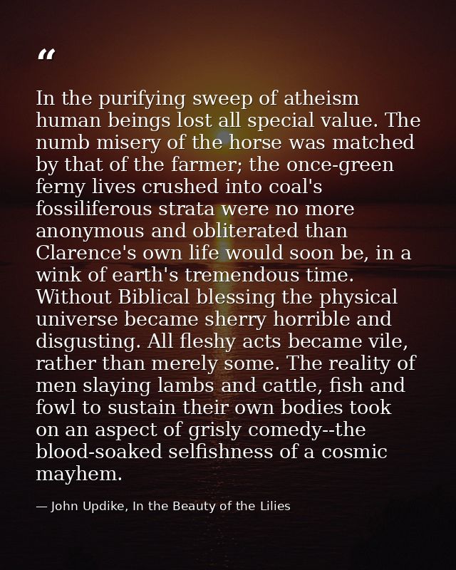 In the purifying sweep of atheism human beings lost all special value. The numb misery of the horse was matched by that  — John Updike, In the Beauty of the Lilies
