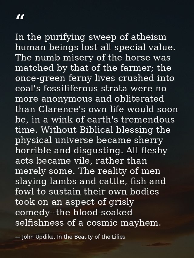 In the purifying sweep of atheism human beings lost all special value. The numb misery of the horse was matched by that  — John Updike, In the Beauty of the Lilies